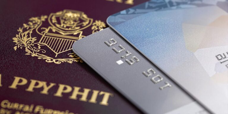 Credit card and passport on a wooden table.